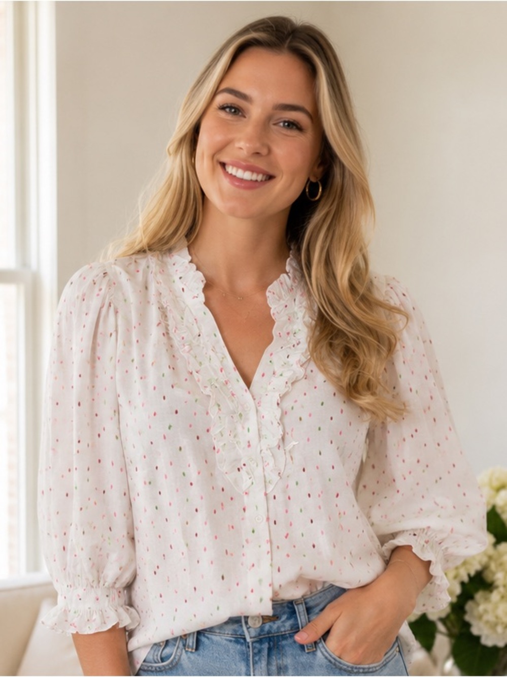 Women's Ruffled V-Neck Blouse - Oliphant Size Small